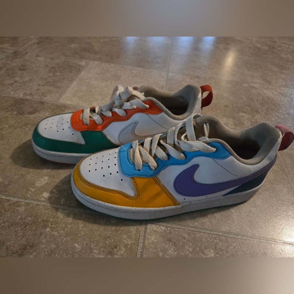 Nike Kids White Sneakers with Purple, Blue, Yellow & Green Accents